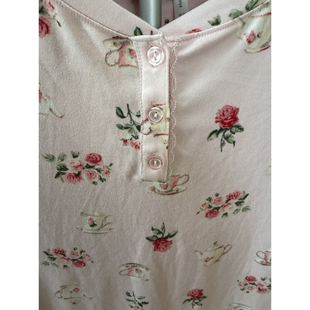 Flora Nikrooz Pajama Set Women's M Pink Tea Cup Rose Print Knit Sleepwear - Picture 3 of 7